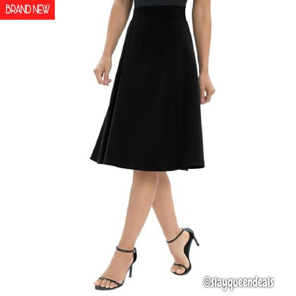 A-Line High Waist Elastic Flare Midi Skirt Stretchy Work Wear - Picture 5 of 7